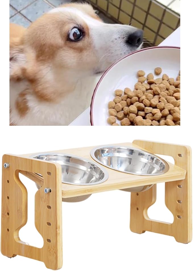 Elevated Cats Dog Feeders 5 Stage Adjusting Feeding Bowl with Nonslip Wooden Base for Small Breeds Cats Feeding Watering Adjusting Height Pet Food Bowl