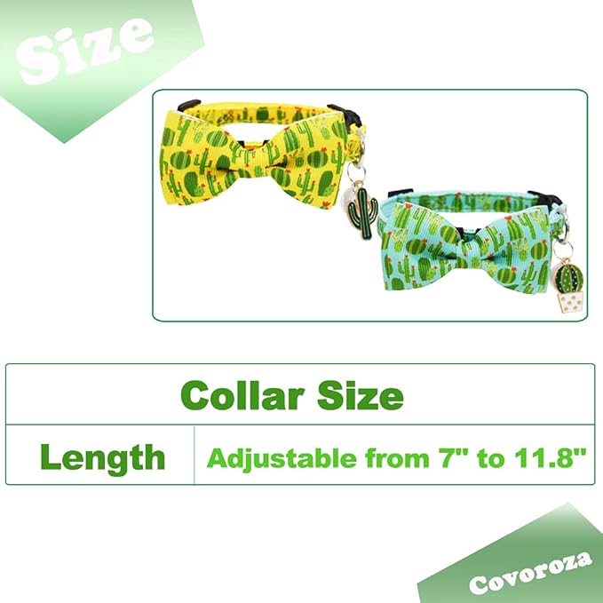 2 Pack Cactus Breakaway Cat Collar Bow Tie with Bell and Pendant Adjustable Safety Buckle Collars for Kitten Yellow and Green