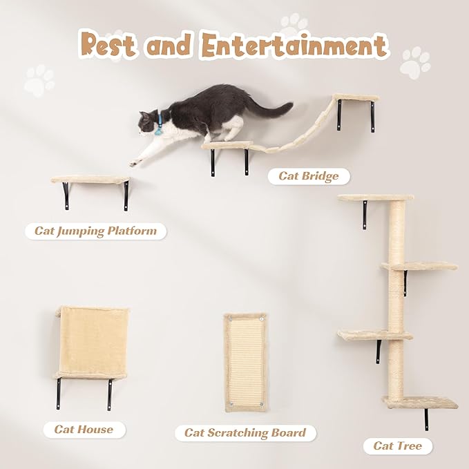 5 Pcs Wall-Mounted Cat Climber Set, Wood Indoor Cat Shelves with Perches, Ladder, Cat Condo House, Scratching Board and Cat Tree, Wall Shelves Furniture (Beige)