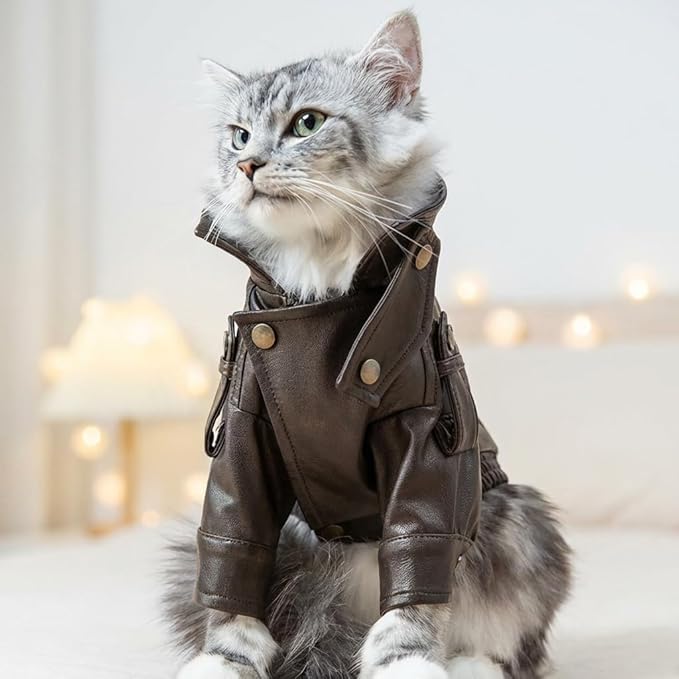 Cat Leather Jacket Motorcycle Style Pet Coat with Metal Buttons Shoulder Straps for Cats Small Dogs Warm Fall Winter Outfit (L)