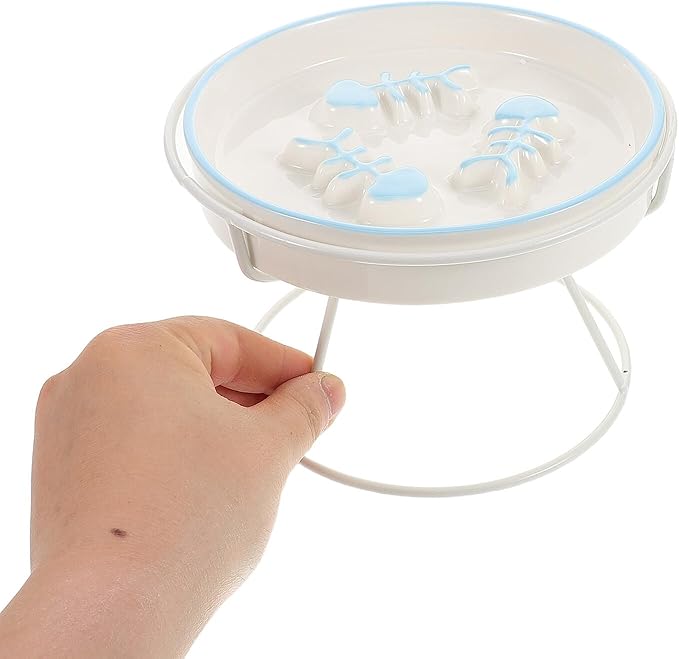 Kichvoe Elevated Ceramic Cat Bowl Slow Feeding Pet Feeder with Iron Stand Raised Slow Eating Dish for Cats and Small Dogs Blue and White for Whisker Relief