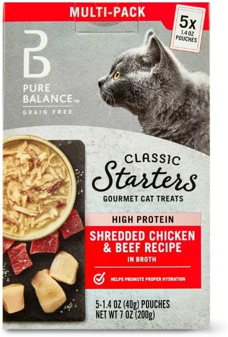 Pure- Balance Classic Starters Gourmet Cat Treats, Shredded Chicken & Beef in Broth, High Protein, Soft Treats - 5 Pouches of ~1.4 Oz Inside, Wet Cat Treat Adult Cats - (2 Box).