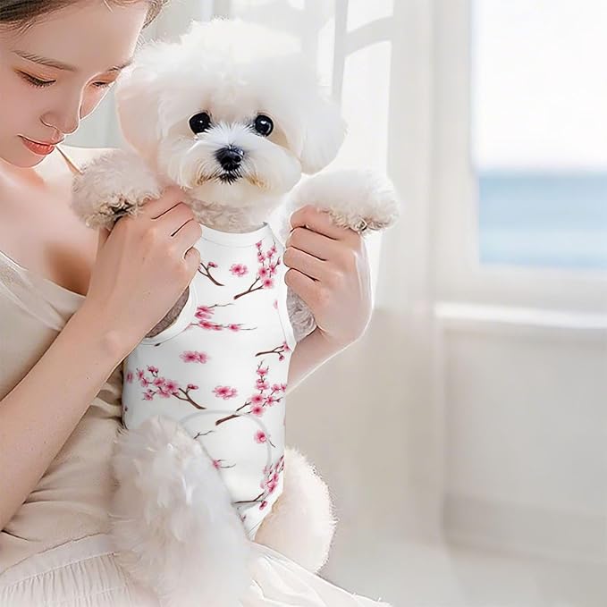 Dog Surgery Recovery Suit for Female Male Dogs Postoperative Protective Pet Clothes (Branch Flourishing Tree Cherry Flowers Blossoms Spring Theme Art)