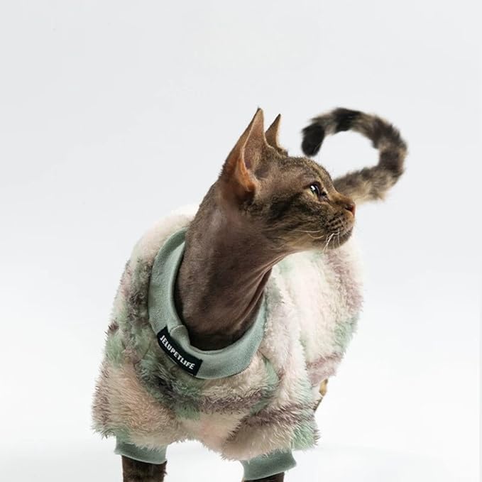 Cat Double-Sided Fleece Clothes, Soft Warm Winter Jumpsuit Sweater Shirt Clothing for Hairless Sphynx, Devon & All Indoor Kittens (Green,L)