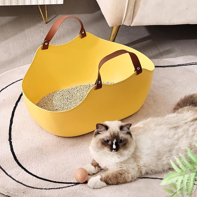 Open Cat Litter Box, Large Nonstick Litter Pan Durable Standard Litter Box,Silicone cat Toilet,Small & Large Cats Easy to Clean (Yellow+Gray)