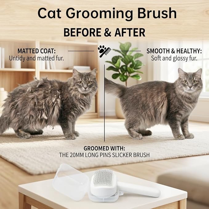 Prime Pets Cat Brush for Shedding, Self-Cleaning Slicker Brush for Long and Short Haired Indoor Cats, Fine Comb Protective Case Included