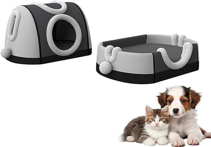 Enclosed House & Open Bed for Indoor Cats,Constant Modifiable Puss Bed with Removable Top Winter Season Double Manner Plan Revertible Pillow,Multi-Functional Pet Furniture with Scratch Pad