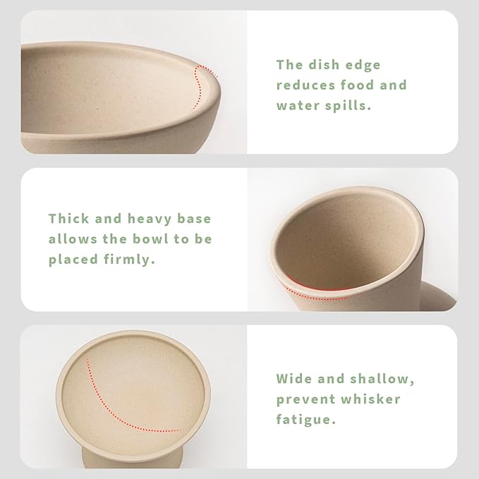 CEEFU Extra Wide Elevated Ceramic Cat Bowl, 6.2" Shallow Dish for Whisker Fatigue Relief, 5" Height for Easy Feeding, Durable Raised Cat Food Bowls, Pack of 2, Pottery Clay (Not Glazed)