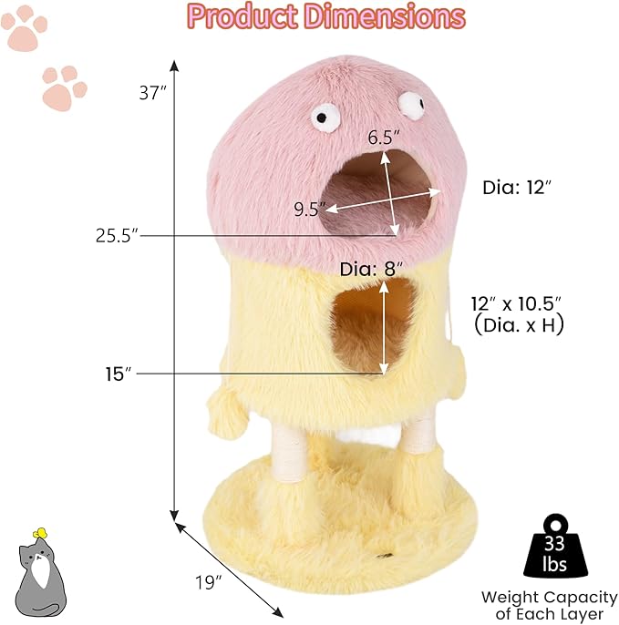 Tangkula Monster-Themed Cat Tree, 3-Level Cat Tower Activity Center with 2-Story Cat Condo, Sisal Scratching Posts & Hanging Toys, Long Plush Cute Cat Tree Tower for Indoor Cats (37 Inch)