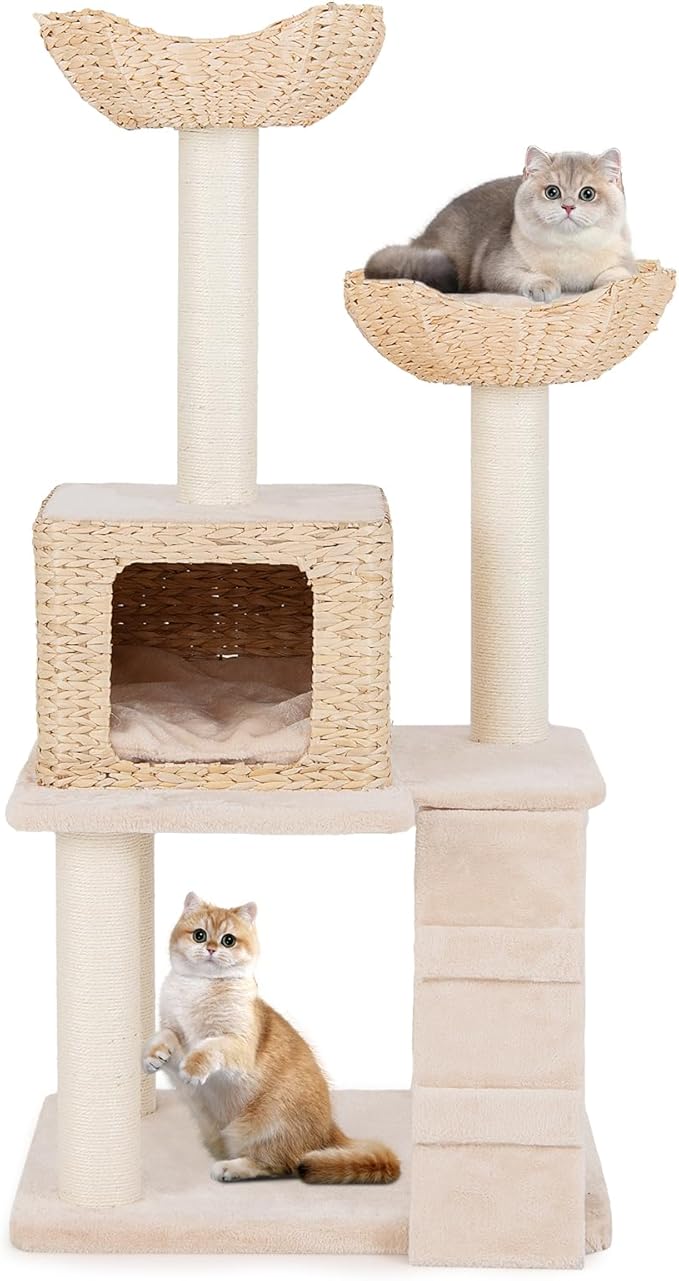 Tangkula Modern Cat Tree, 48 Inch Multi-Level Cat Tower with Sisal Scratching Posts, Cattail Fluff Condo & 2 Perches and Climbing Ladder, Aesthetic Cat Tree with Washable Cushions for Indoor Cats