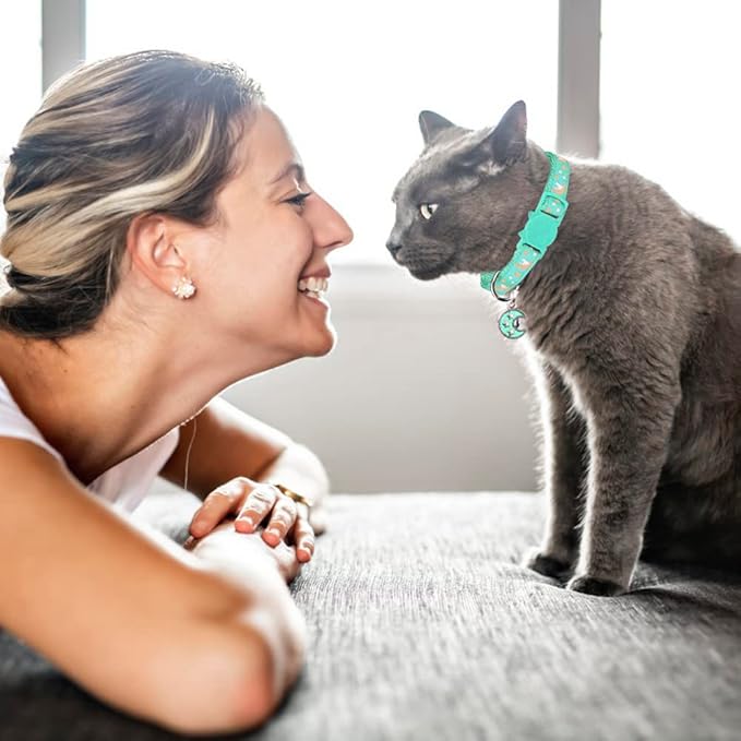 Baeuppit 2Pcs Breakaway Cats Collars Cat Collars for Boy & Girl Cats Adjustable Kitten Collars with Bell,Pink+Teal,8"-13.1"