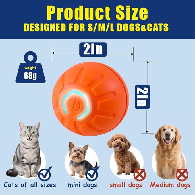 Self-Moving Dog Toy Ball – Auto Roll & Motion-Activated Play | Chew-Resistant | USB Rechargeable | for Puppies to Medium Dogs (Orange,2in Small)
