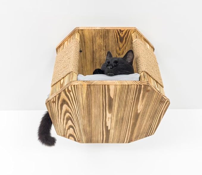 Octagon Bed, Ceiling-Mounted Wooden Octagon with Sisal Rope Scratching Posts, Cat Ceiling Furniture, Octagonal Cat Shelf Bed with Cushion, W15.75 x D15.75 x H11 (Brown)