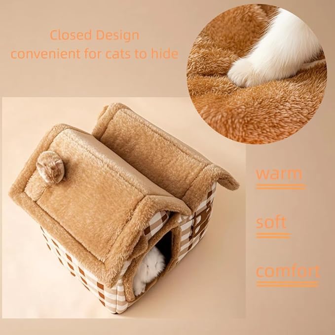 Double Roof Cat Nest Cute Bear Shaped Dog House Foldable Warm Soft Kennel with Removable Cushion and Non-Slip Bottom