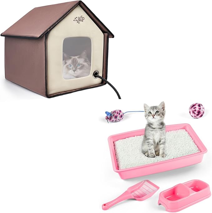 Pink Cat Litter Box Set, Small Cat Kitten Starter Kit with Litter Scoop, Cat Bowl, Kittens Toy; Heated Cat House Indoor, Cats Home with Heated Pad, Cat Houses & Condos, Heater Cat Bed