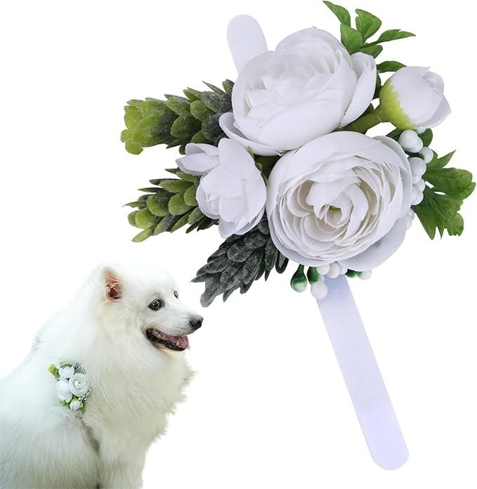 Pet Collar Flower Dog Wedding Flower Bow Tie Removable Floral Accessory for Dog Collar Elegant Rose Charm for Wedding Ceremony Puppies Cats Grooming, Pet Photo Prop (White)