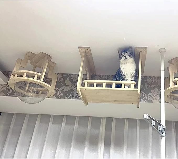 Wall Cat Shelves, Wood Cat Wall Furniture, Wall Shelves for Cats, Ceiling Cat Wall Shelves, with 1 Aerial Cat Bed and 1 Aerial Plank Road