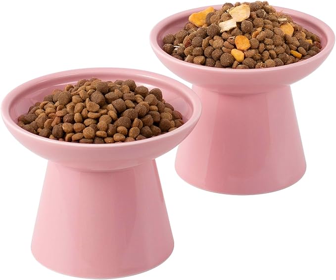 CEEFU Extra Wide Elevated Ceramic Cat Bowl, 6.2" Shallow Dish for Whisker Fatigue Relief, 5" Height for Easy Feeding, Durable Raised Cat Food Bowls, Pack of 2, Pink