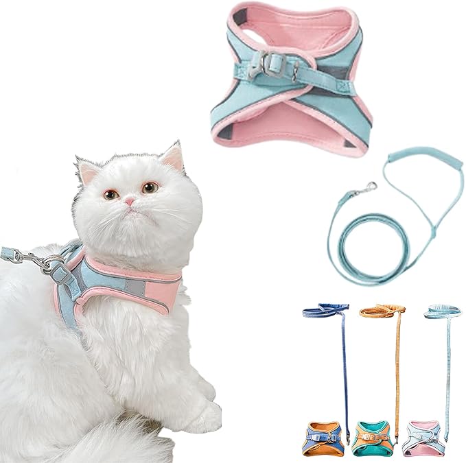 Cat Harness and Leash Set, Cat Leash and Harness Set with Reflective Strips, Escape Proof Adjustable Cat Harness, for Small Medium Large Pet Puppy Kitten Rabbit (Blue Pink, S)