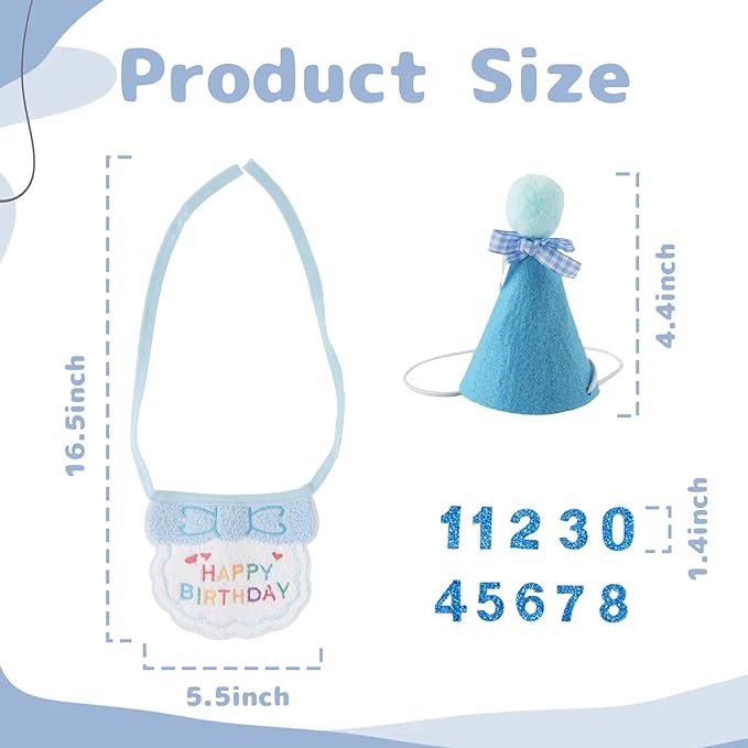 Cat Kitten Birthday Bandana Hat, 1Set Numbers Pet Birthday Decorations Outfits, Cute Cats Kittens Apparel Birthday Outfits, Blue Hat with Numbers Cat Bandana Pet Decorations ﻿
