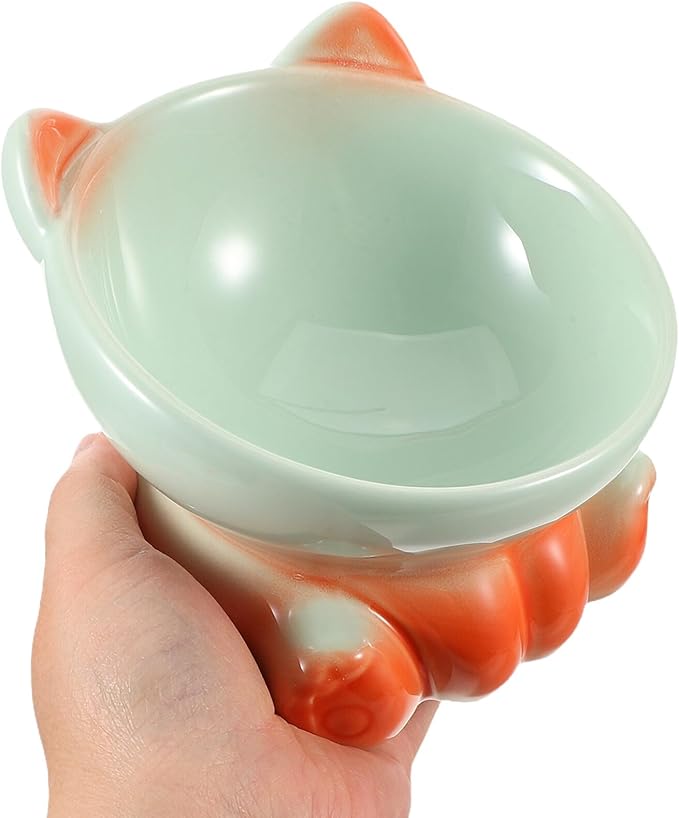 Kisangel Elevated Porcelain Cat Food Bowl with Tilted Design, Raised Ceramic Pet Slow Feeder Dish for Kittens and Small Dogs, Whisker-Friendly Raised Bowl for Feeding and Watering
