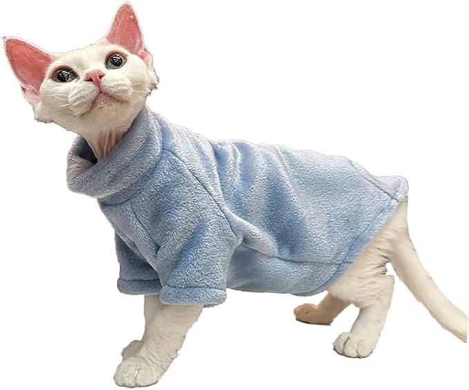 Sphynx Cat Clothes Winter Turtleneck Soft Coral Fleece Cat Clothes Thicken Warm Pajamas Coat for Hairless Cats and Small Cat Apparel with Sleeves (Haze Blue, L (6-9.3lbs)