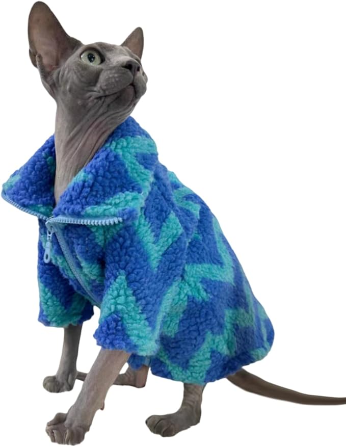 Turtleneck Sphynx Cat Winter Clothes, Double-Sided Fleece Jacket with Zipper, Sweater for Sphynx Cat Winter Warm Outfit Coat for Hairless Cats and Small Dogs Apparel with Sleeves (Lightning, Small)