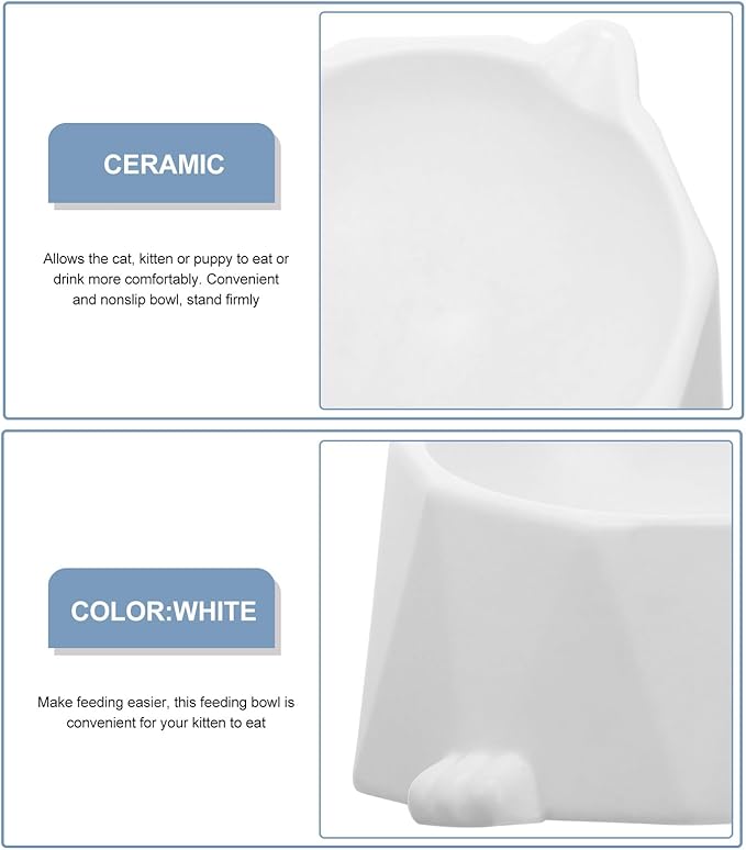 HOMSFOU Ceramic Elevated Cat Food Bowl with Neck Protection Raised Pet Feeding Dish Anti-Spill White for Indoor Cats