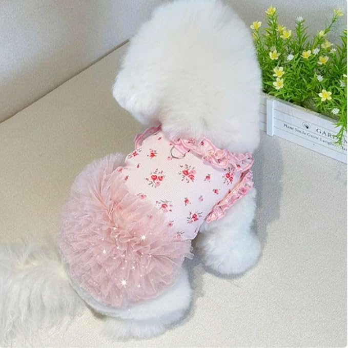 Summer Pet Dress for Small Dogs Cats, Ice Silk Cotton Floral Print Tutu Skirt with Built-in D-Ring, Breathable Sleeveless Puppy Kitten Outfit for Daily Walk and Photo (Pink-Tutu, X-Large)