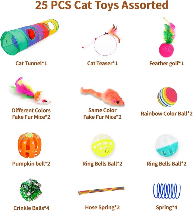 iCAGY 25 Pcs Cat Toys for Cats, Indoor Kittens - Interactive Variety Pack, 45 inches Rainbow Cat Tunnel, Feather Teaser, Feather Golf, Mice, Springs, Balls, Noise Toys - Rainbow/Colorful 45"