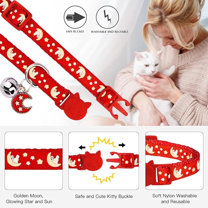 Baeuppit 2Pcs Breakaway Cats Collars Cat Collars for Boy & Girl Cats Adjustable Kitten Collars with Bell,Purple+Scarlet