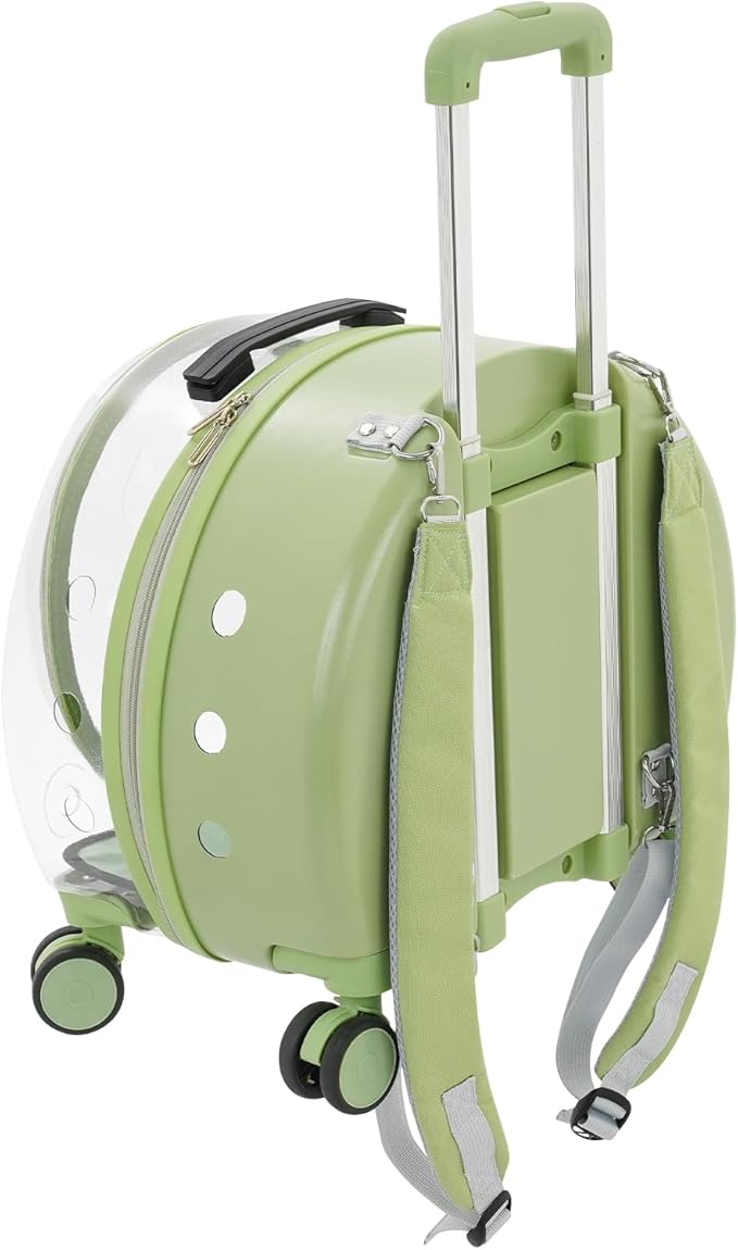 4-Wheel Rolling Cat Carrier, Hard Shell Pet Carrier with Ventilation Holes, Adjustable Handle Cat Travel Carrier, Lightweight Pet Stroller for Airplane, Car, Fits Pets up to 19.8lbs (Green)