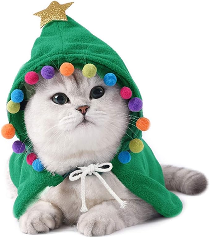 ANIAC Pet Dog Christmas Costume Puppy Cloak with Star and Pompoms Cat Santa Cape with Hat Winter Dog Outfit for Cats and Small Dogs (Small, Green)