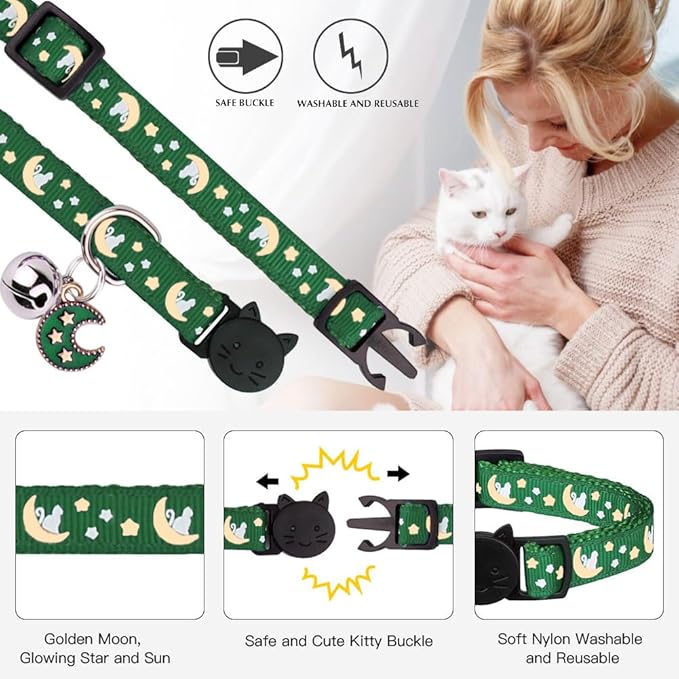 Baeuppit 2Pcs Breakaway Cats Collars Cat Collars for Boy & Girl Cats Adjustable Kitten Collars with Bell,Black+Emerald,8"-13.1"
