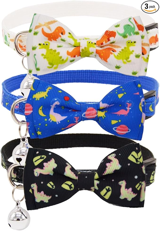 3 Pack Dinosaur Cat Collars with Bell Breakaway Safety Collar for Indoor Outdoor Cats - Soft Adjustable Cotton Kitten Collars with Cute Dino Design in Black, Navy, White