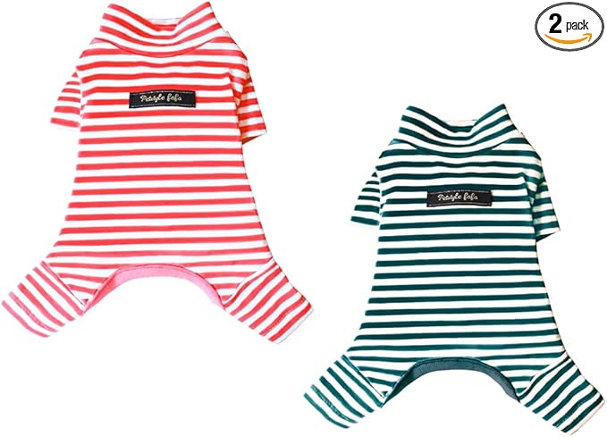 Hdwk&Hped Soft Cotton Dog Pajamas for All Seasons, Striped Pet Bottoming Jumpsuit for Small Dog Cat Puppy (#1, Striped Style - 2-Pack(red&Dark Green))