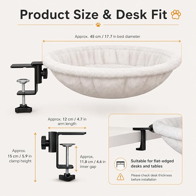 Desk Cat Hammock Bed, 360° Rotation Clamp-On Pet Perch for Home Office & Gaming Desks, No-Drill Space-Saving Cat Bed, 16.5" Round Supports 50 lbs, Includes Soft Washable Pad