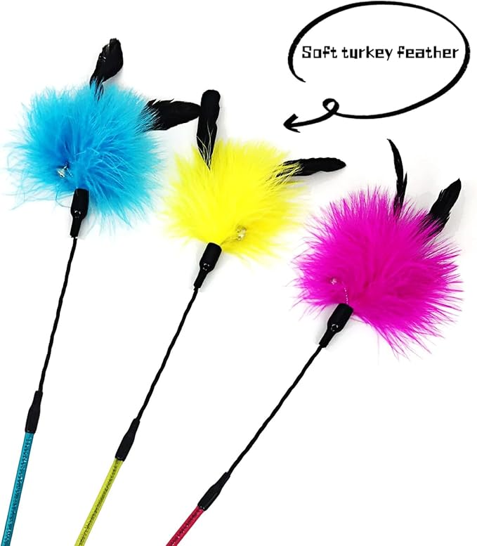IUHKBH Cat Feather Wands, 3 Colors Soft Turkey Feather Teaser Wands Interactive Unbreakable Kitten Wands Fun Kitty Toy for Indoor Cats Play Exercise