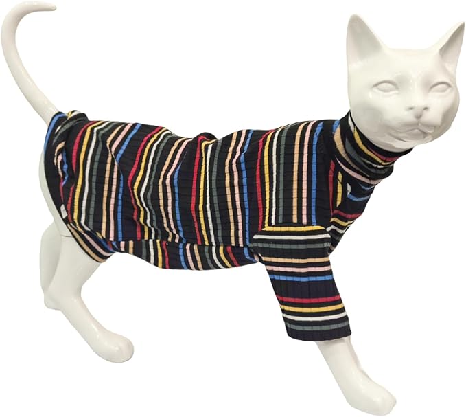 Turtle Neck Vintage Stripes Sphynx Hairless Cat Cotton T-Shirts Pet Clothes Vest Kitten Shirts Sleeveless, Cats & Small Dogs Apparel (Dark Rainbow, XS (2-3 lbs))