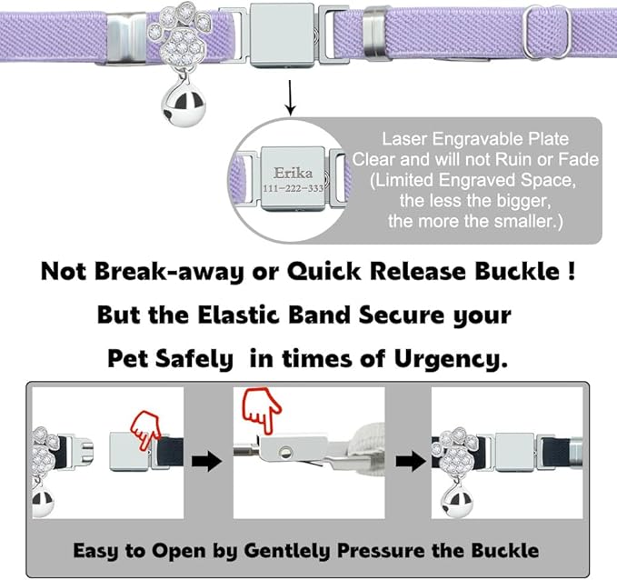 Personalized Safety Elastic Cat Collars with Bell,Laser Customized Stretch Kitten Collars for Girls Boys Cats-Purple