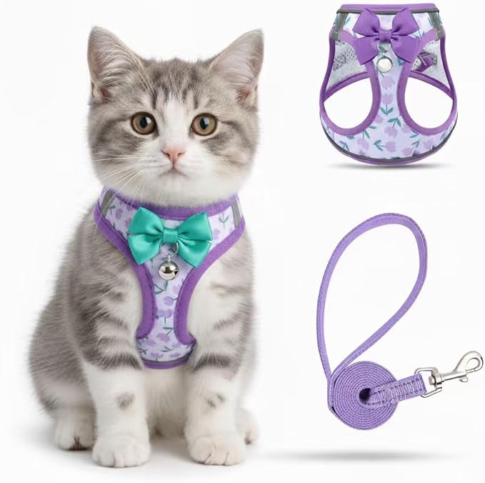 Cat Harness and Leash Escape Proof for Walking, Adjustable Soft Kitten Harness with Reflective Straps Step in Cat Vest Harness for Small Kitten and XS Dogs (Purple, M-Chest(14.5"-16.3"))
