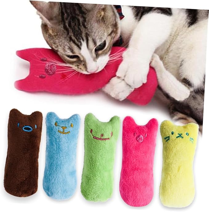 5Pcs Cat Chew Pillow with Catnip Soft Cotton Plush Pet Supplies Cartoon Design in Bright Colors Interactive Lifelike Kitten Teething for Indoor Cats Random Color