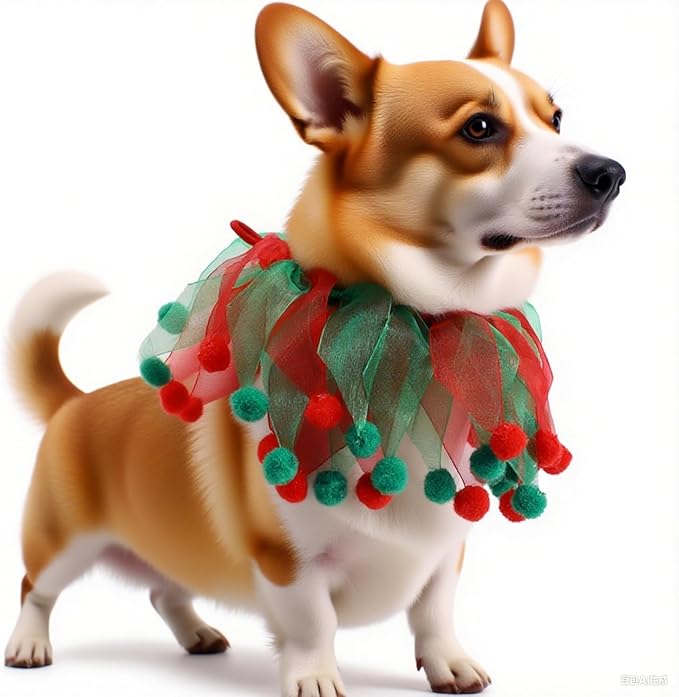 2PCS Christmas Pet Collar Ornaments Red Green Collar Adjustable Holiday Dress for Cat and Dog (C-S-30CM)