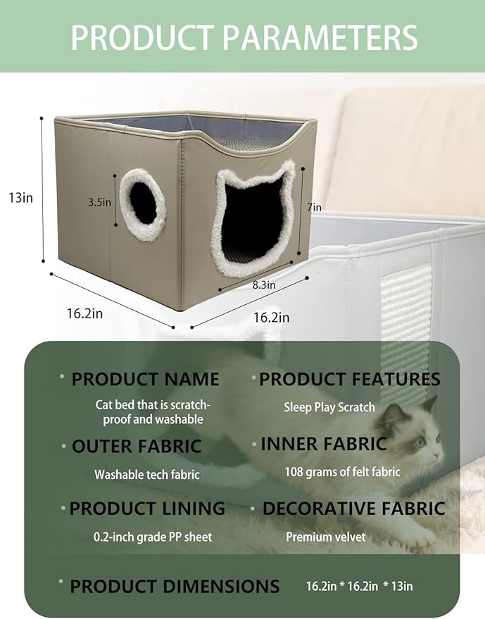Cat Beds for Indoor Cats, Large Cat Houses with Cozy Condo,with Premium Tech Fabric& Scratch Pad, Round Window, Foldable Indoor Cat House Hold Up to 30LBS, with Reversible Cushion for Multi Small Pet