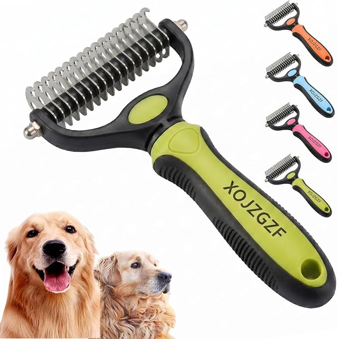 Professional Deshedding Tool for Dogs & Cats, Pet Pro Grooming Tools, Indoor Cat Double-Sided Brush Rake, Pets Hair Remover Shedding, Long Haired Dog Brushes, Undercoat Combs Supplies(Green-L)