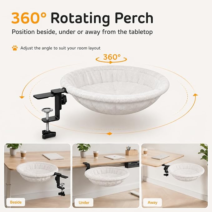 Desk Cat Hammock Bed, 360° Rotation Clamp-On Pet Perch for Home Office & Gaming Desks, No-Drill Space-Saving Cat Bed, 16.5" Round Supports 50 lbs, Includes Soft Washable Pad