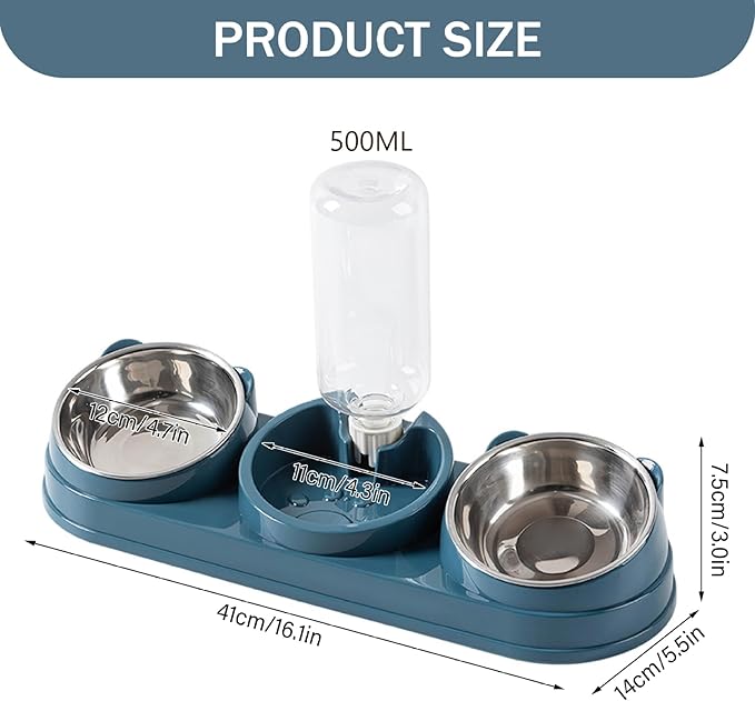 Cat Food and Water Bowl Set, 3 Bowl Cat Feeding Station with Automatic Water Dispenser, Elevated Tilted Bowls for Easy Eating, Dark Blue..