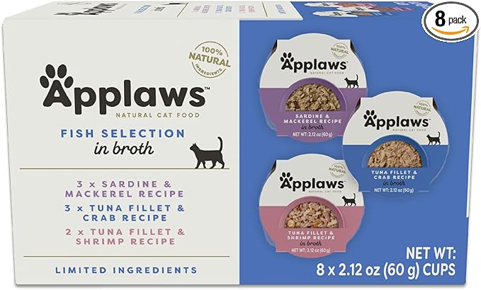 Applaws Natural Wet Cat Food, 8 Count, Limited Ingredient Cat Food Pots, Fish Variety Count in Broth, 2.12oz Pots