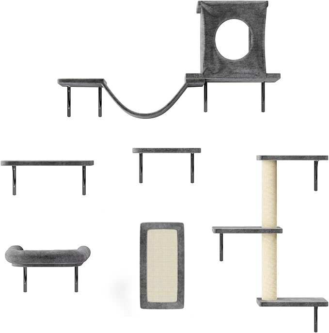 NUNU LAB Cat Wall Shelves, 6 Pcs Luxury Wall-Mounted Cat Climber Set, Indoor Cat Furniture with 1 Condos House, 2 Cat Wall Shelves, 1 Scratching, 1 Bridge Ladder, 1 Scratching Pad,Dark Gray