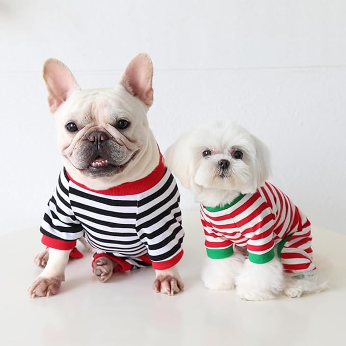 Hdwk&Hped Soft Cotton Dog Pajamas for All Seasons, Striped Solid Pet Bottoming Jumpsuit for Small Dog Cat Puppy 3 Styles (Christmas Style 2-Pack, #1)